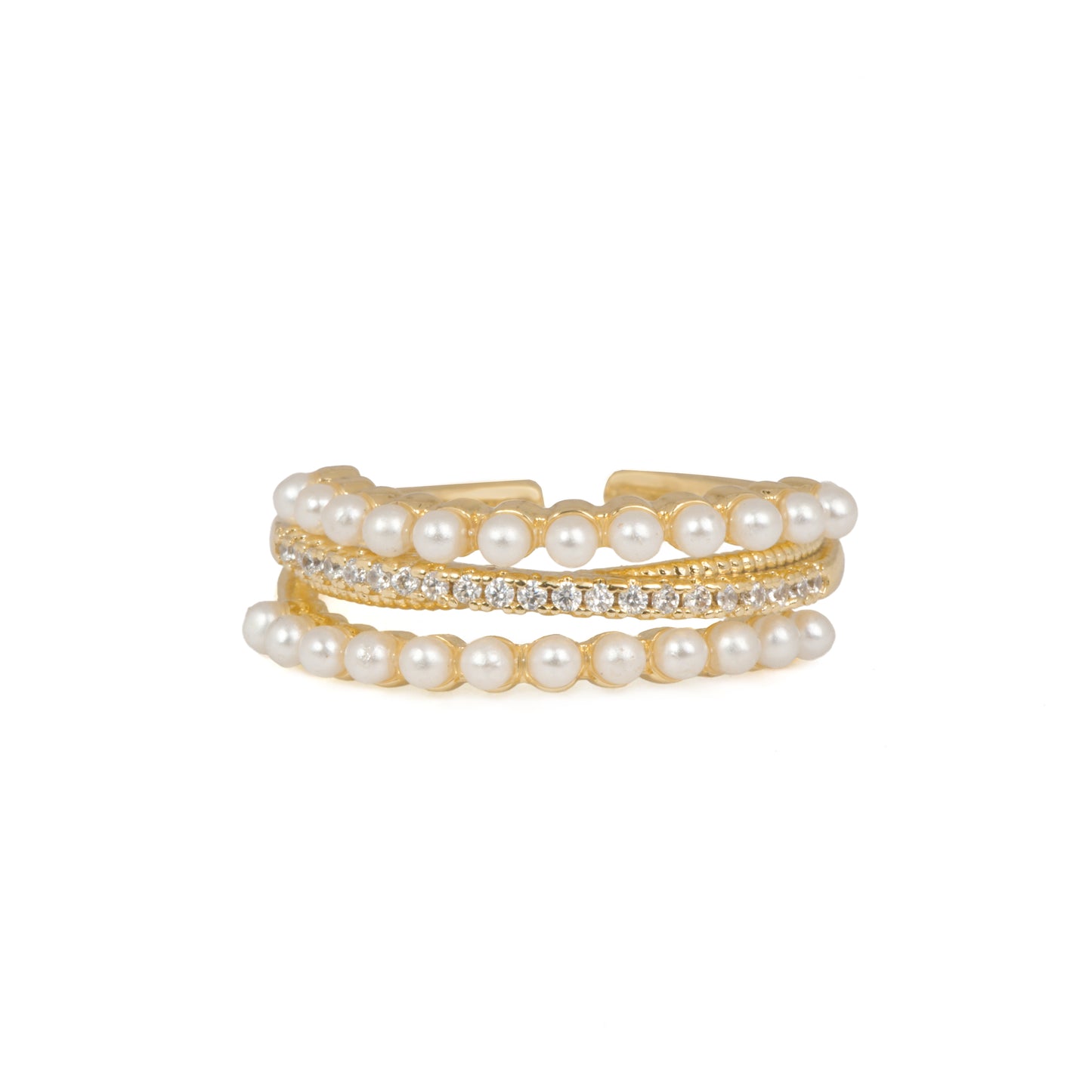 Triple-Row Pearl & Pave Ring | Gold-Tone Adjustable Wide Band with Central Pave CZ Row & Dual Pearl Borders | Luxe Statement Ring for Women