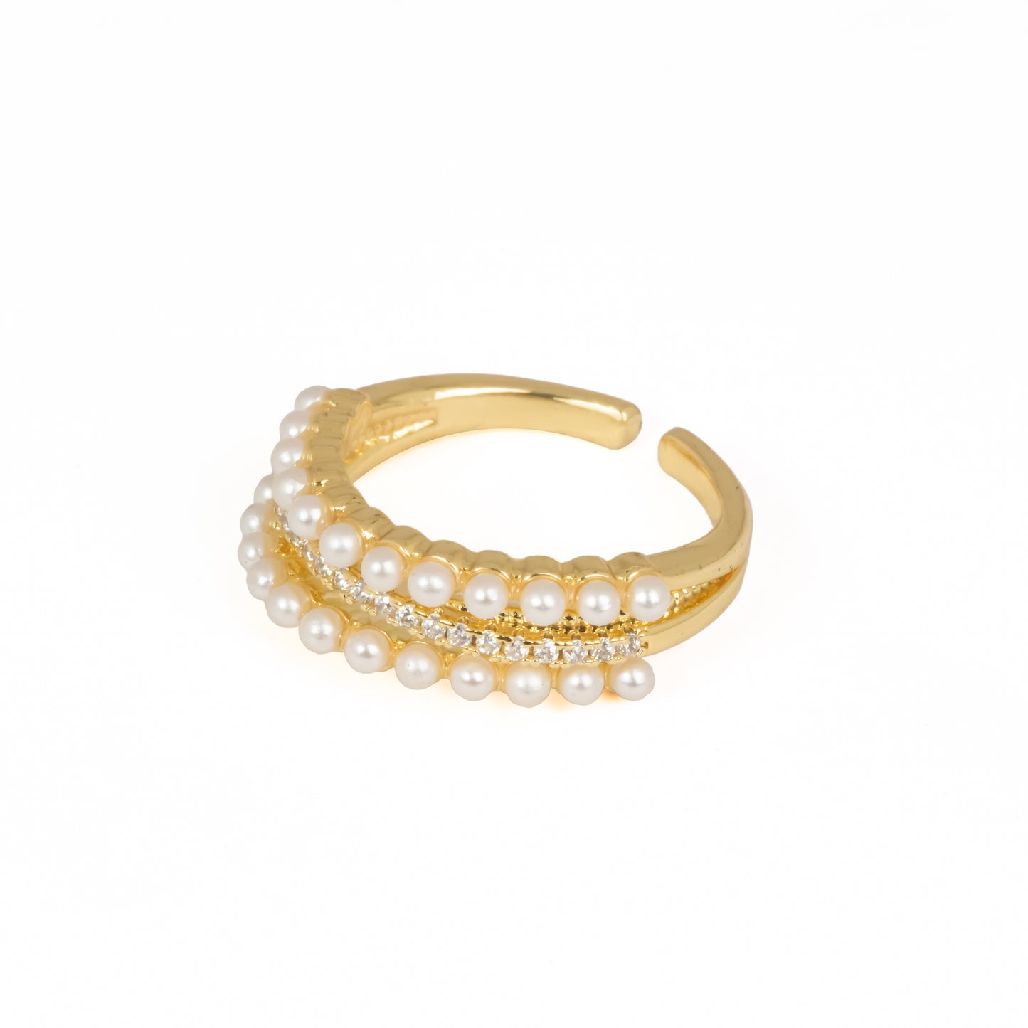 Triple-Row Pearl & Pave Ring | Gold-Tone Adjustable Wide Band with Central Pave CZ Row & Dual Pearl Borders | Luxe Statement Ring for Women