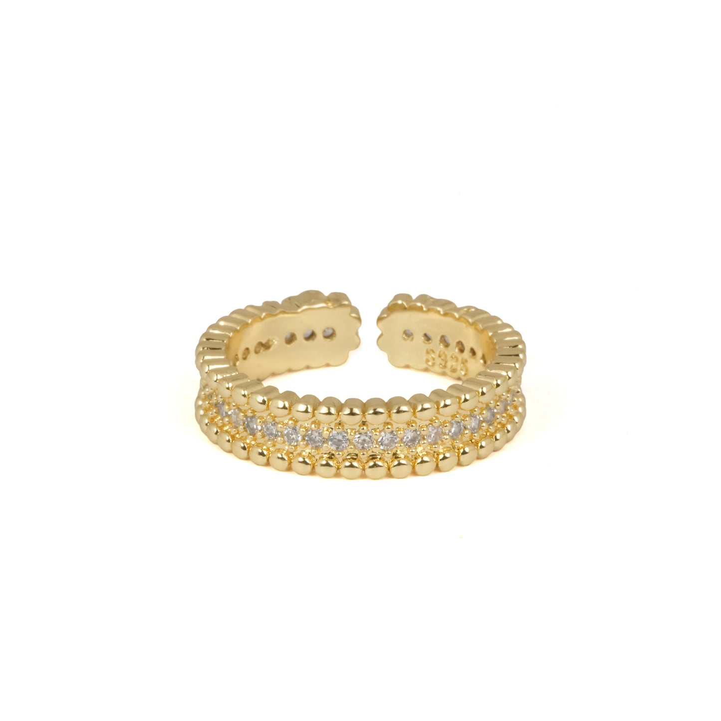 Gold Beaded & Pave Band | Adjustable Gold-Tone Ring with Dual Beaded Edges & Central Pave CZ Row | Elegant Textured Everyday Ring