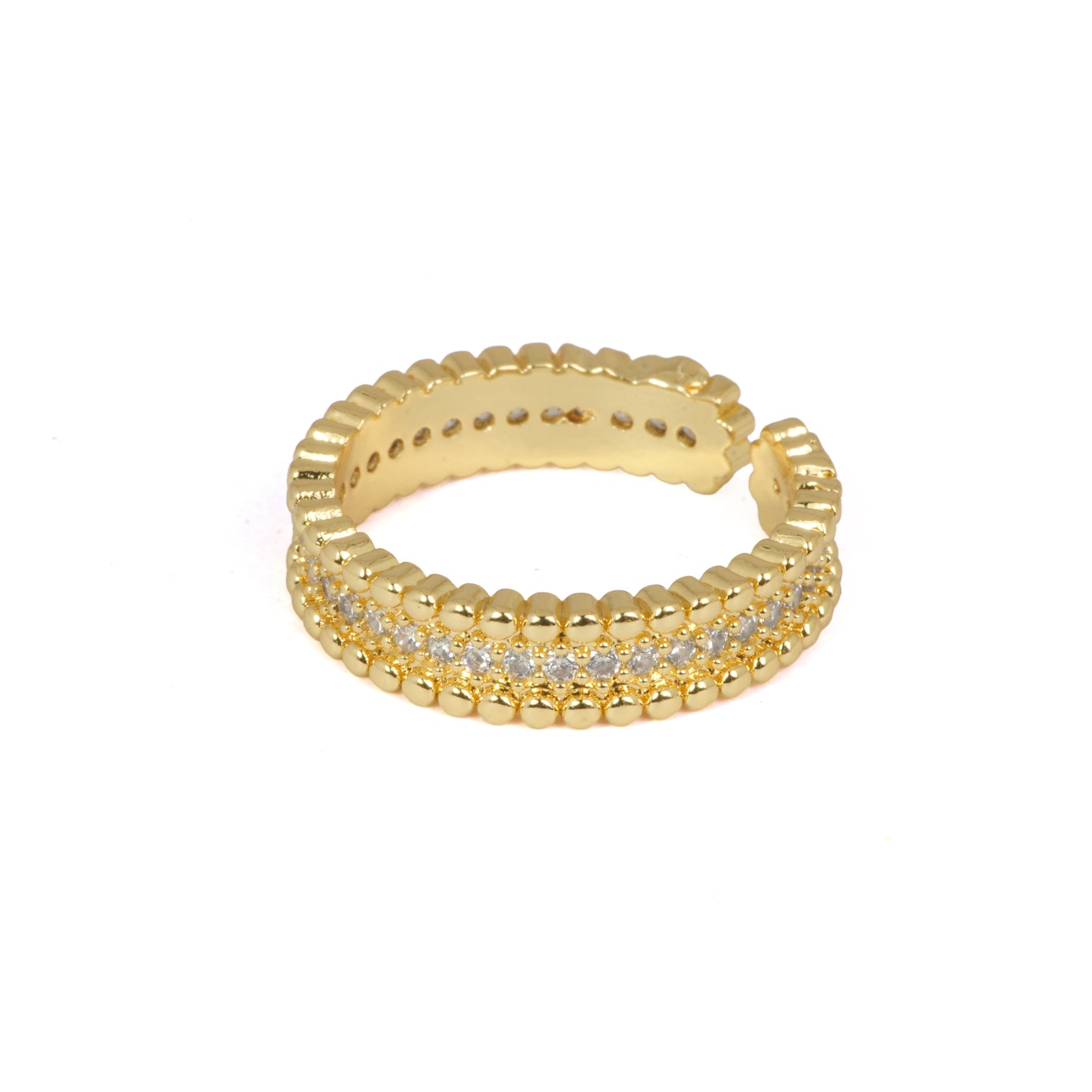 Gold Beaded & Pave Band | Adjustable Gold-Tone Ring with Dual Beaded Edges & Central Pave CZ Row | Elegant Textured Everyday Ring