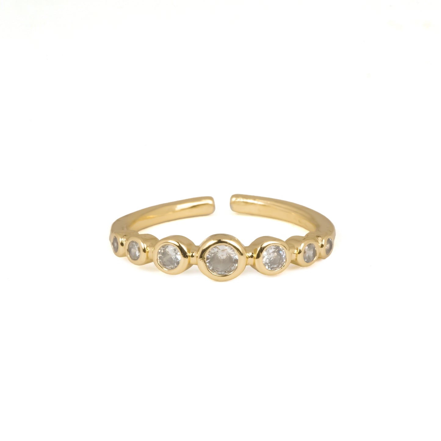 Graduated Bezel-Set Sparkle Ring | Gold-Tone Adjustable Band with Tapered Round CZ Stones in Bezel Settings | Minimal Elegant Everyday Ring