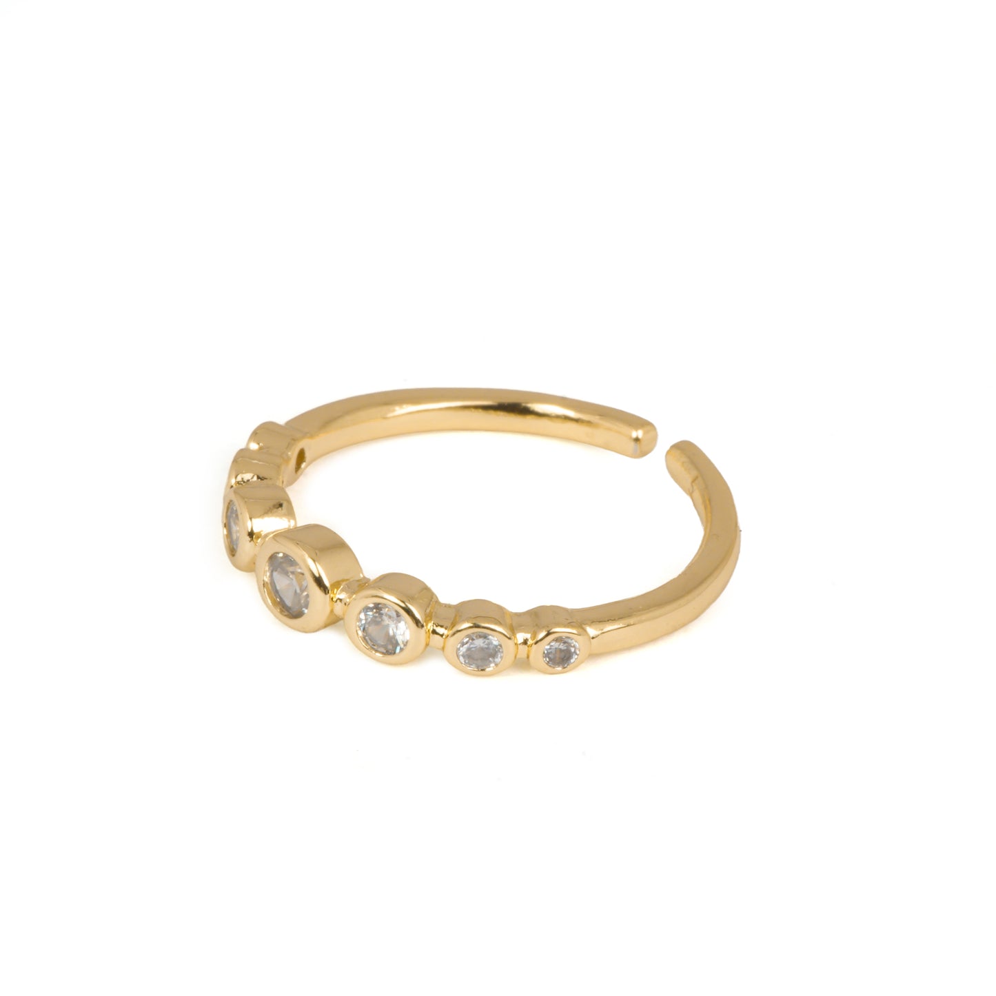 Graduated Bezel-Set Sparkle Ring | Gold-Tone Adjustable Band with Tapered Round CZ Stones in Bezel Settings | Minimal Elegant Everyday Ring