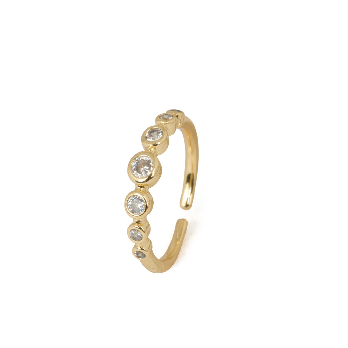 Graduated Bezel-Set Sparkle Ring | Gold-Tone Adjustable Band with Tapered Round CZ Stones in Bezel Settings | Minimal Elegant Everyday Ring