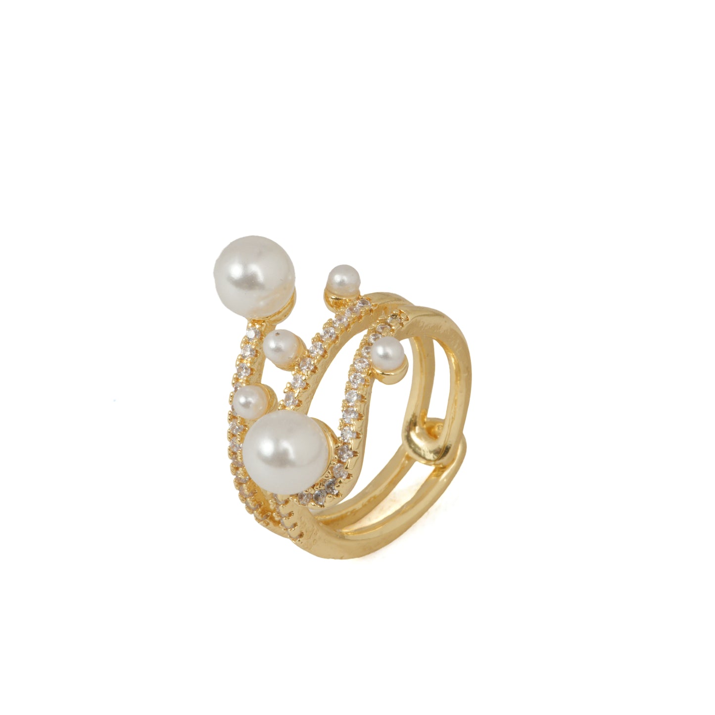 Celestial Cluster Pearl Ring | Gold-Tone Adjustable Multi-Band Ring with Large & Small Pearls and Pave CZ Accents | Sculptural Statement Fashion Ring