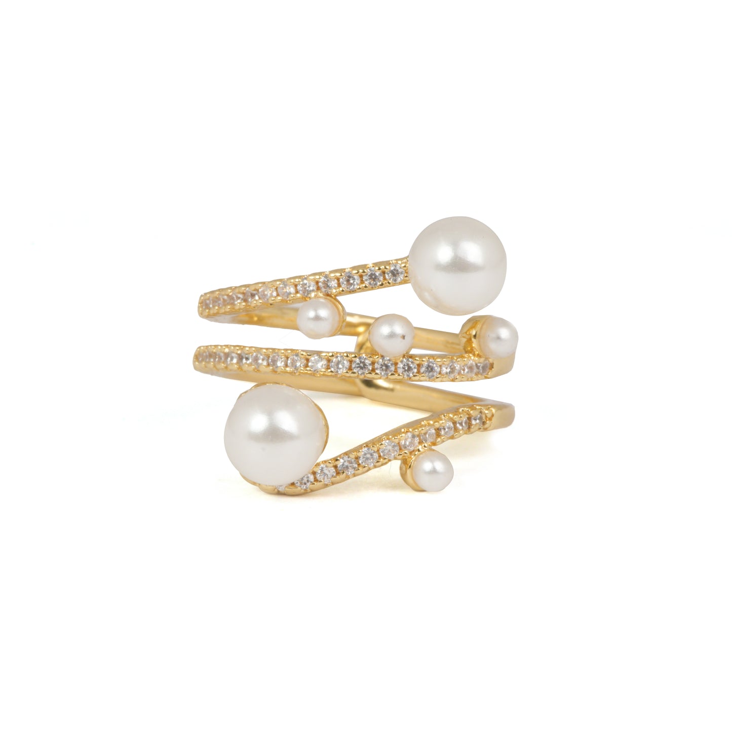 Celestial Cluster Pearl Ring | Gold-Tone Adjustable Multi-Band Ring with Large & Small Pearls and Pave CZ Accents | Sculptural Statement Fashion Ring