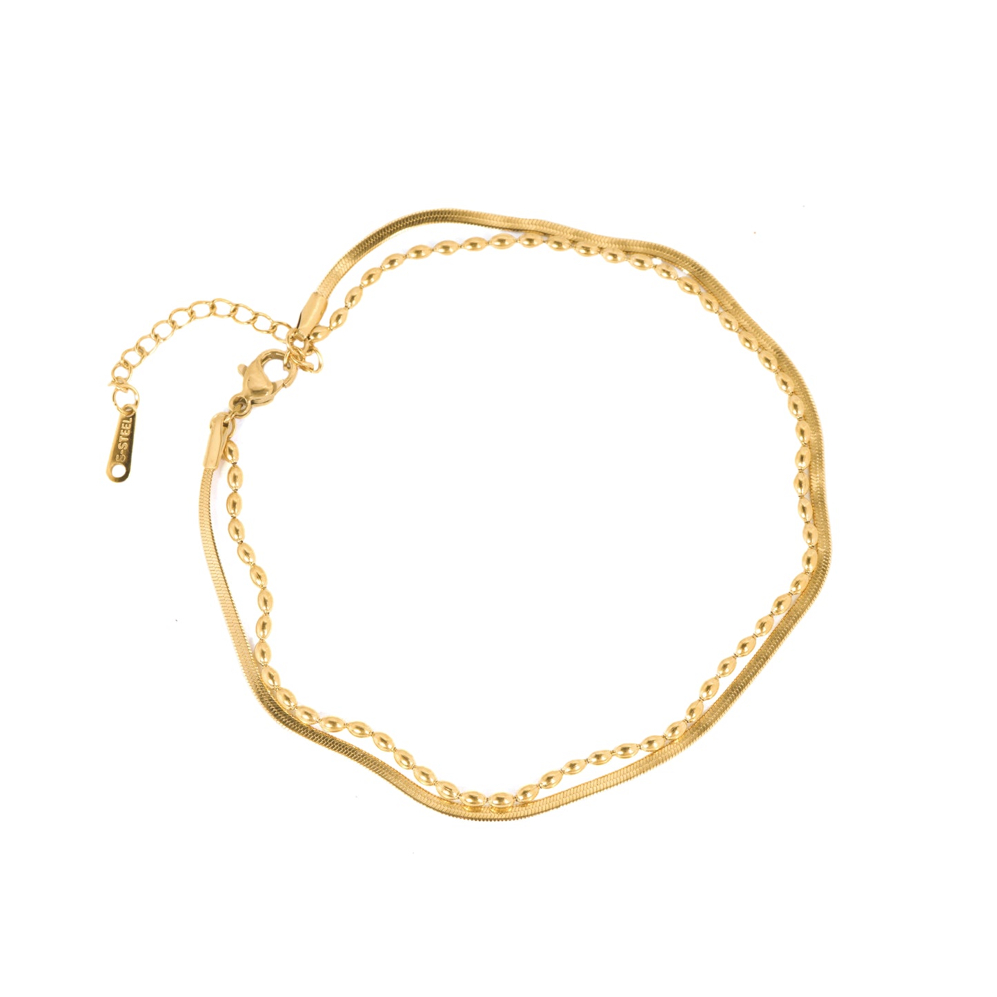 Gilded Two-Tone Layer Anklet for Women – Modern Gold-Tone Snake Chain & Beaded Accent Chain | Sleek Layered Anklet for Minimal & Summer Styling