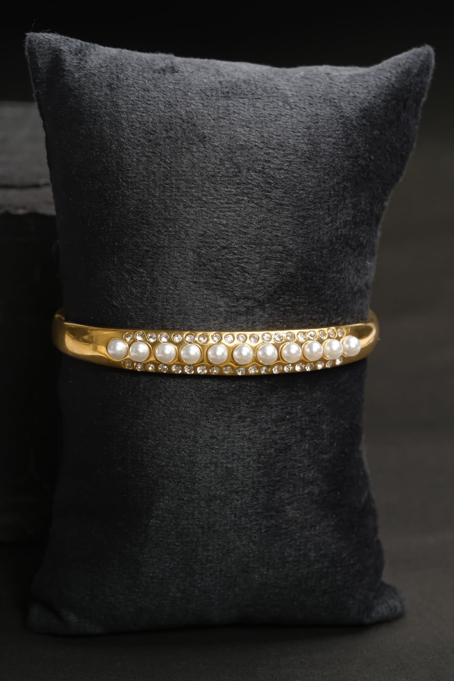 Regal Pearl & Crystal Bracelet | Gold-Tone Bangle with Central Faux Pearl Row & Flanking Sparkling CZ Lines | Elegant Vintage-Inspired Statement Bracelet