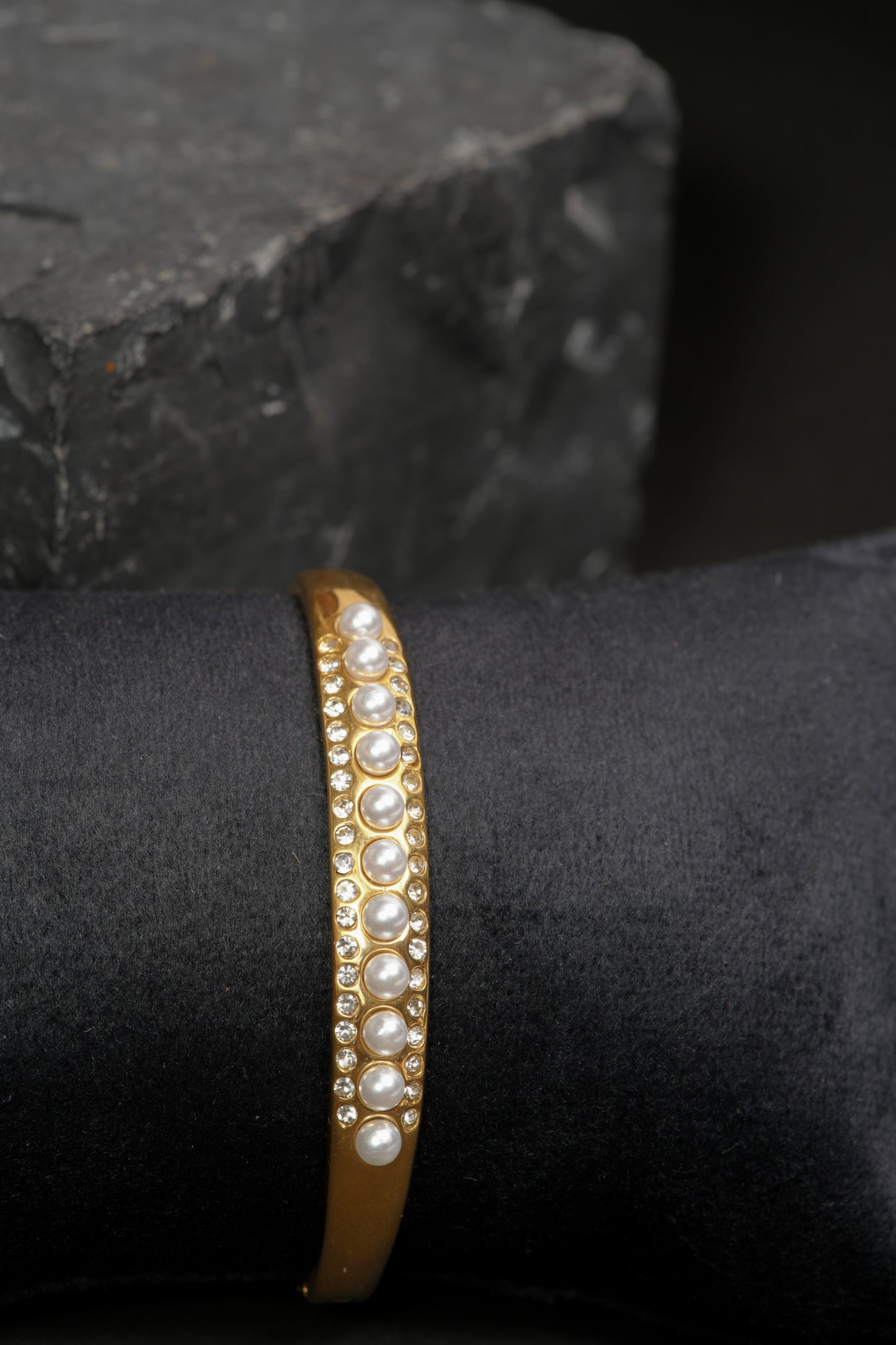 Regal Pearl & Crystal Bracelet | Gold-Tone Bangle with Central Faux Pearl Row & Flanking Sparkling CZ Lines | Elegant Vintage-Inspired Statement Bracelet