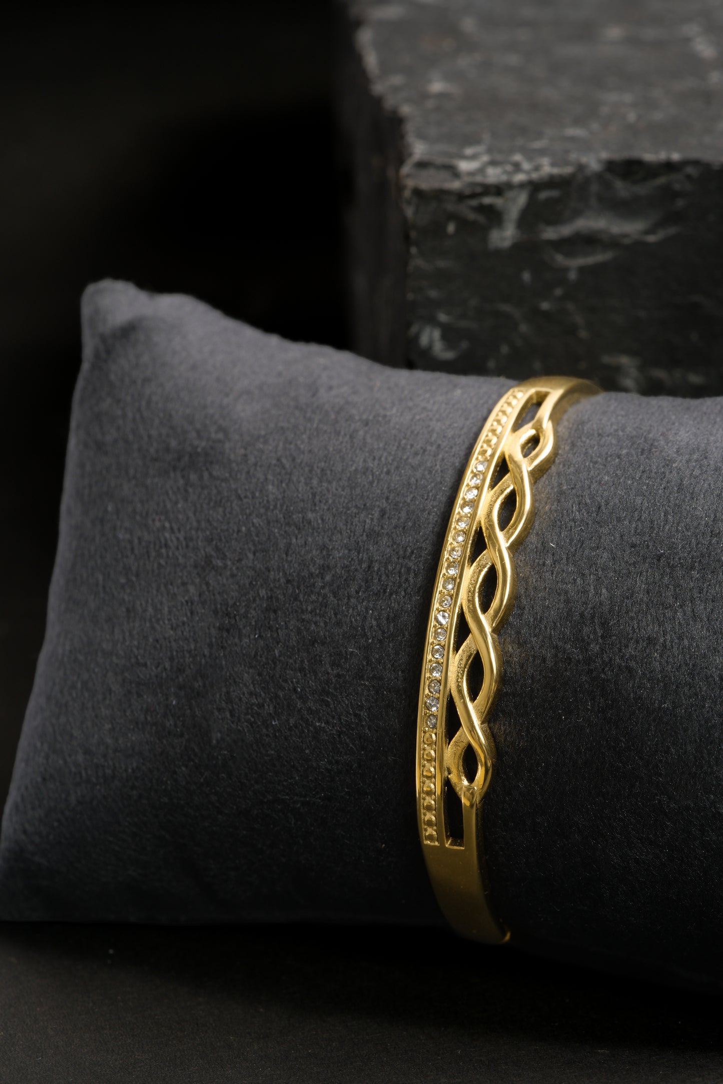 Golden Serpentine Stone Bracelet | Gold-Tone Half-Braided Bangle with Intertwined Rope Design & Micro-Pavé CZ Row | Elegant Everyday & Festive Bracelet
