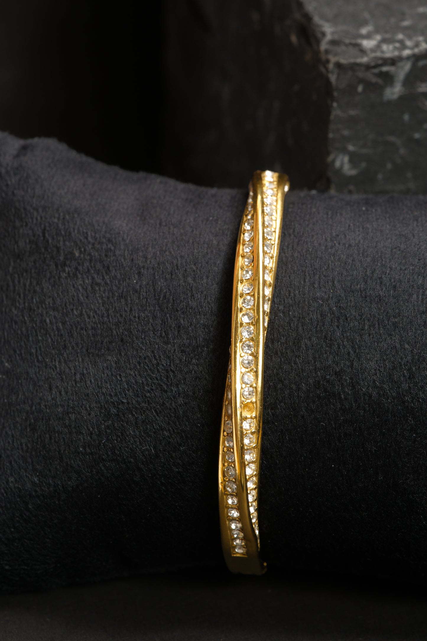 Twisted Comet Pave Bracelet | Gold-Tone Helical Bangle with Multi-Row Micro-Pavé CZ Stones | High-Sparkle Statement Bracelet for Women