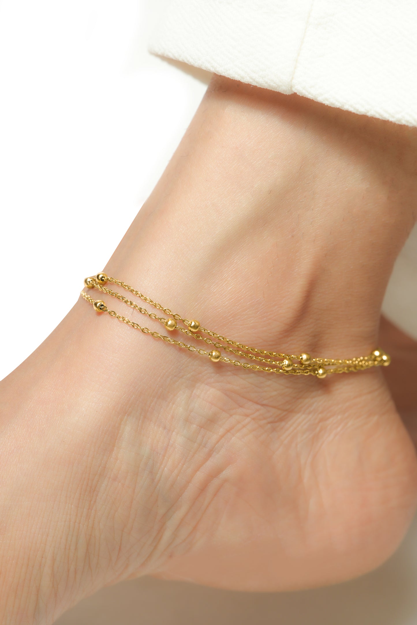 Trio Beaded Cascading Layered Anklet for Women – Gold-Tone Multi-Strand Anklet with Polished Bead Accents | Elegant Layered Stack for Daily & Festive Wear