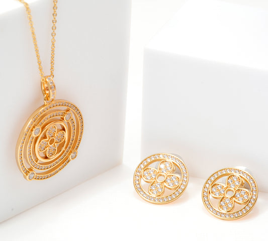 Circular Pendant Necklace and Earrings Set | Designer Stone Studded Floral Motif Jewelry for Women