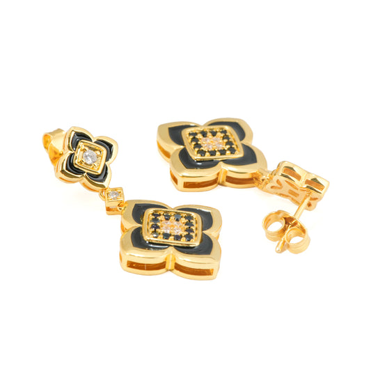 Luxurious Gold-Plated Floral Drop Earrings with Black Enamel Accents and Sparkling Stone Embellishments for Classic Statement Looks