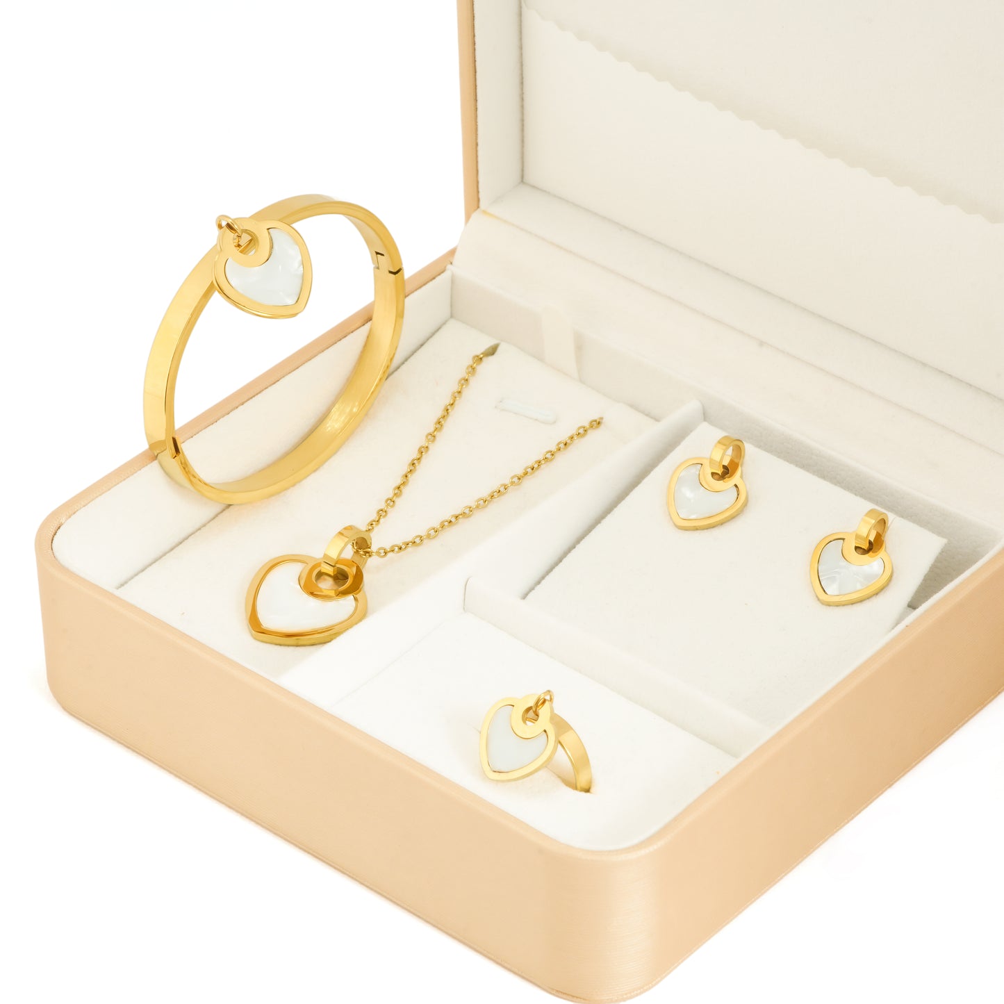 Gold Plated Heart Jewelry Set with Mother of Pearl | Elegant Necklace, Earrings, Bracelet and Ring – Beautiful Gift Hamper
