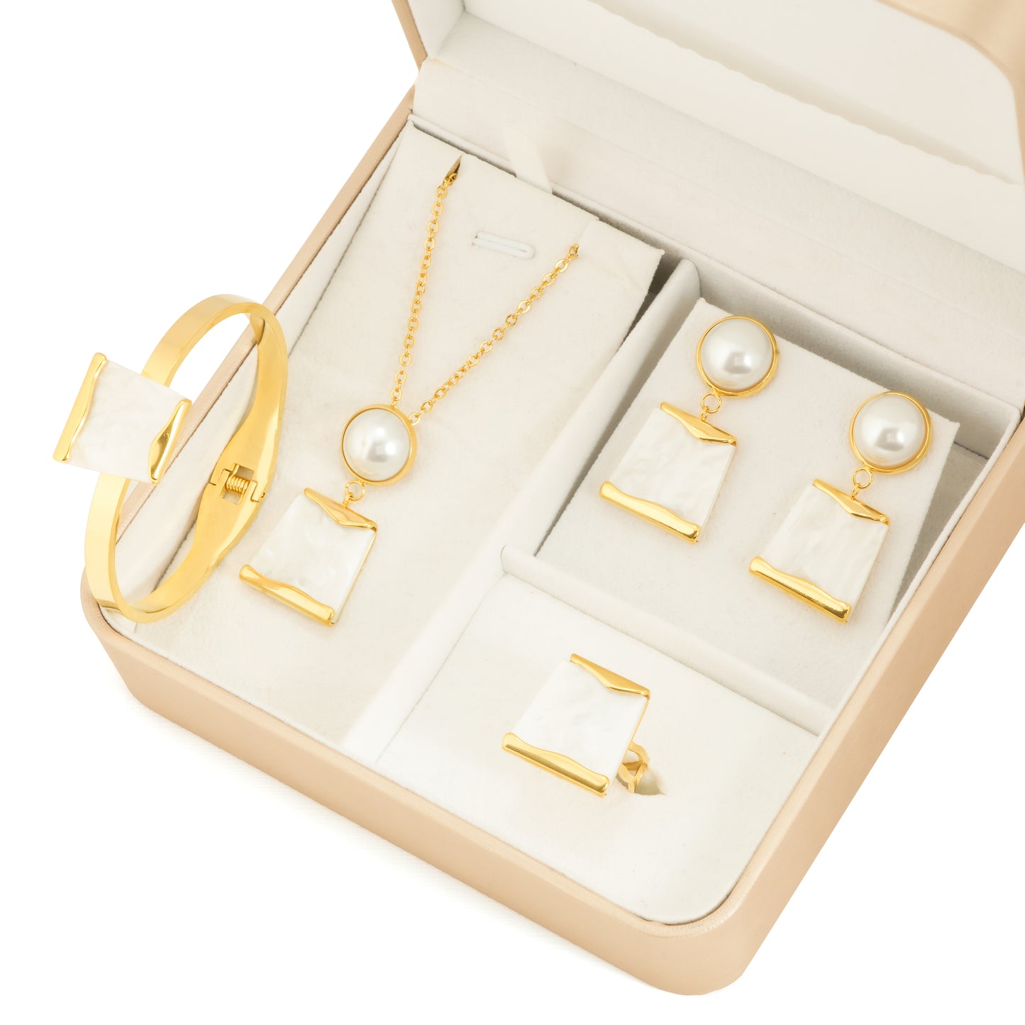 Gold Plated Mother of Pearl Jewelry Set for Women | Beautiful Gift Combo Featuring Necklace, Earrings, Bracelet and Ring