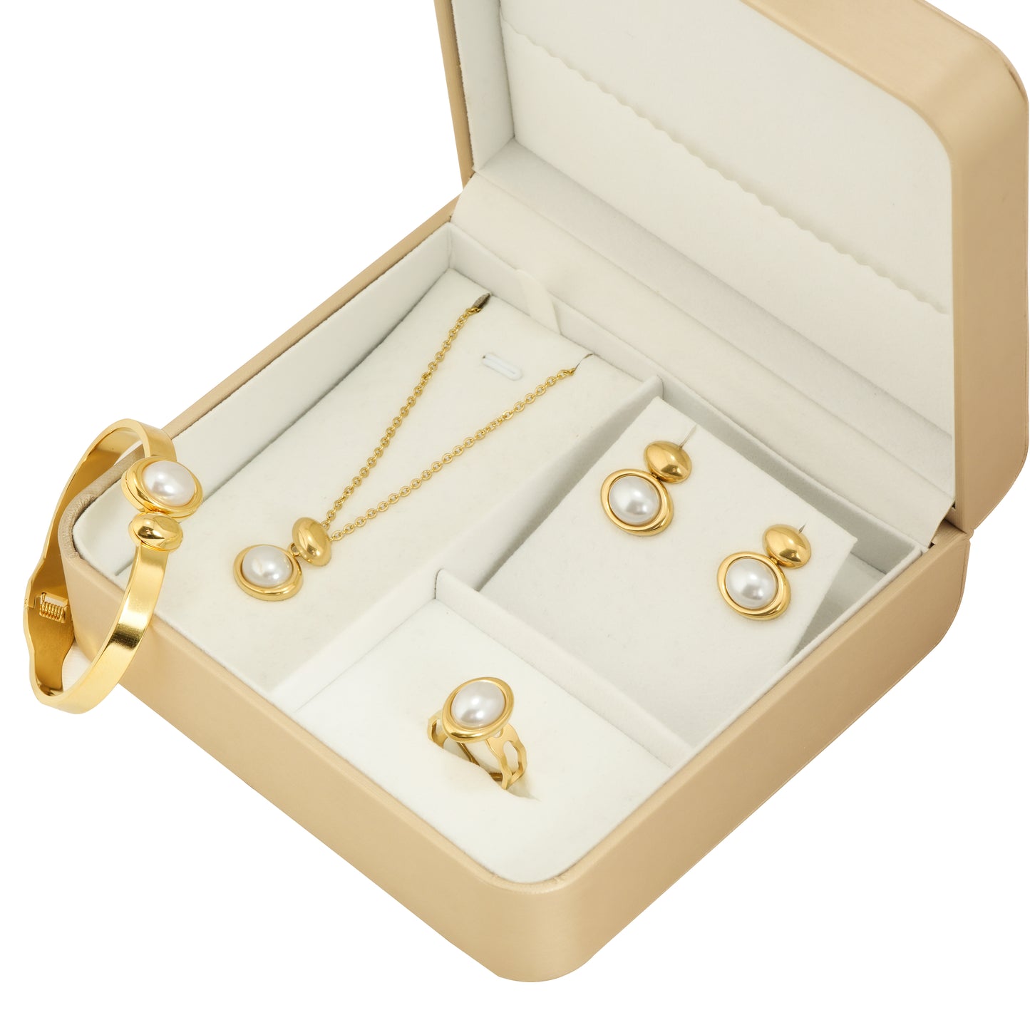 Pearl Jewelry Set with Bracelet, Necklace, Earrings and Ring | Classic White Pearl Design | Complete Jewelry Box for Women