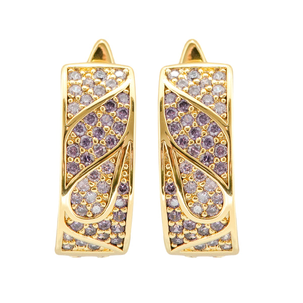 Gold-Plated Rectangular Hoop Earrings with Purple and White Pave Crystals in Elegant Wave Design
