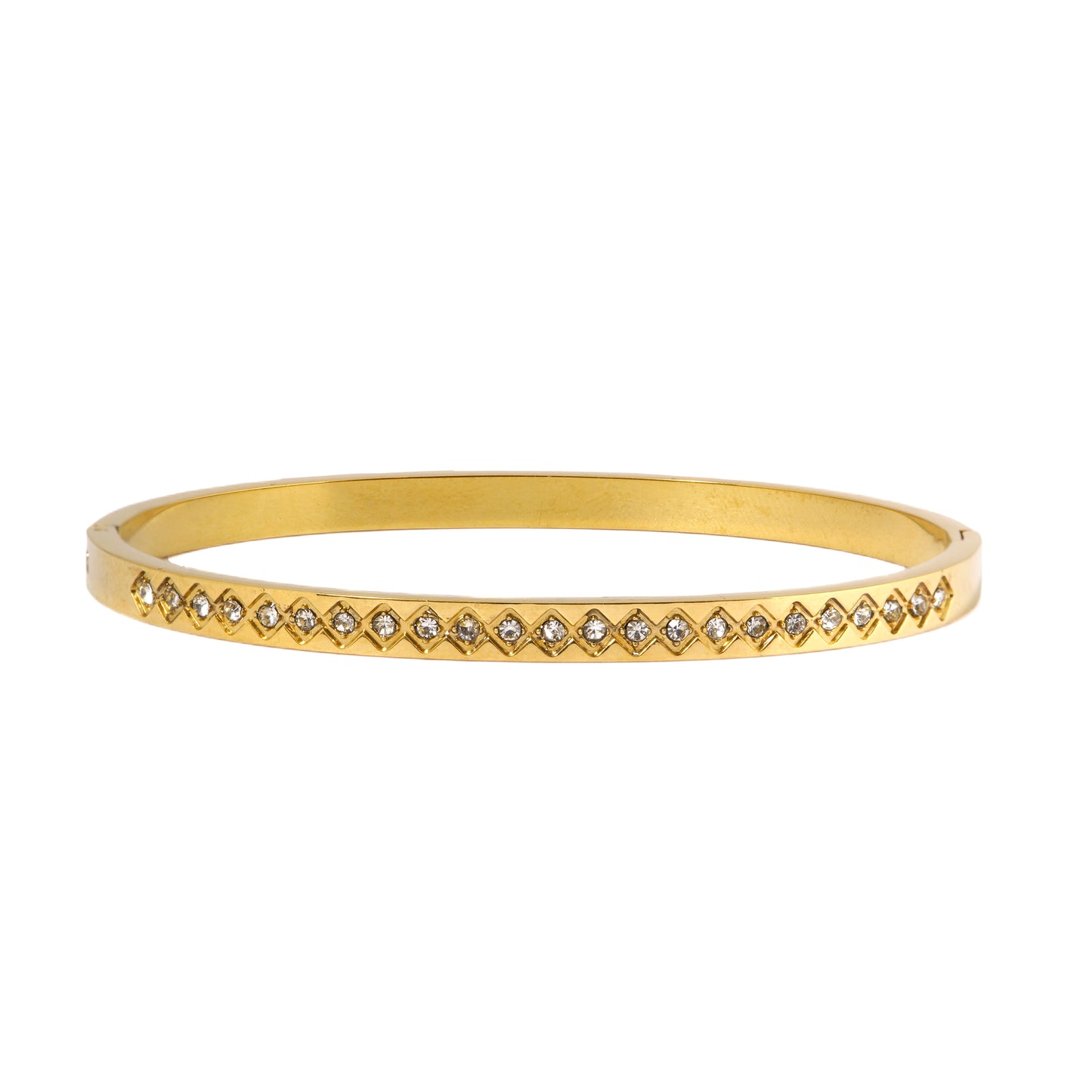 Mahttab Studded Rhombus Bangle | Gold Finished Steel Bracelet with Continuous Rhinestone Rhombus Pattern | Elegant Sparkling Bangle for Festive and Daily Styling