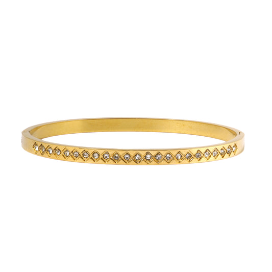 Mahttab Studded Rhombus Bangle | Gold Finished Steel Bracelet with Continuous Rhinestone Rhombus Pattern | Elegant Sparkling Bangle for Festive and Daily Styling