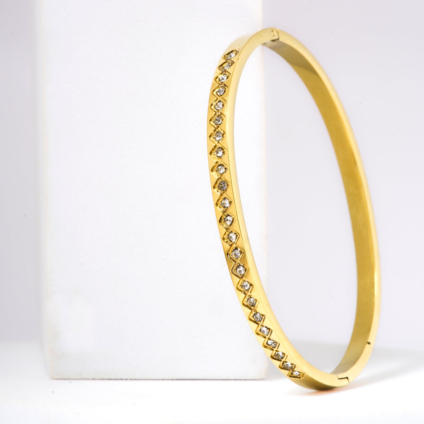 Mahttab Studded Rhombus Bangle | Gold Finished Steel Bracelet with Continuous Rhinestone Rhombus Pattern | Elegant Sparkling Bangle for Festive and Daily Styling