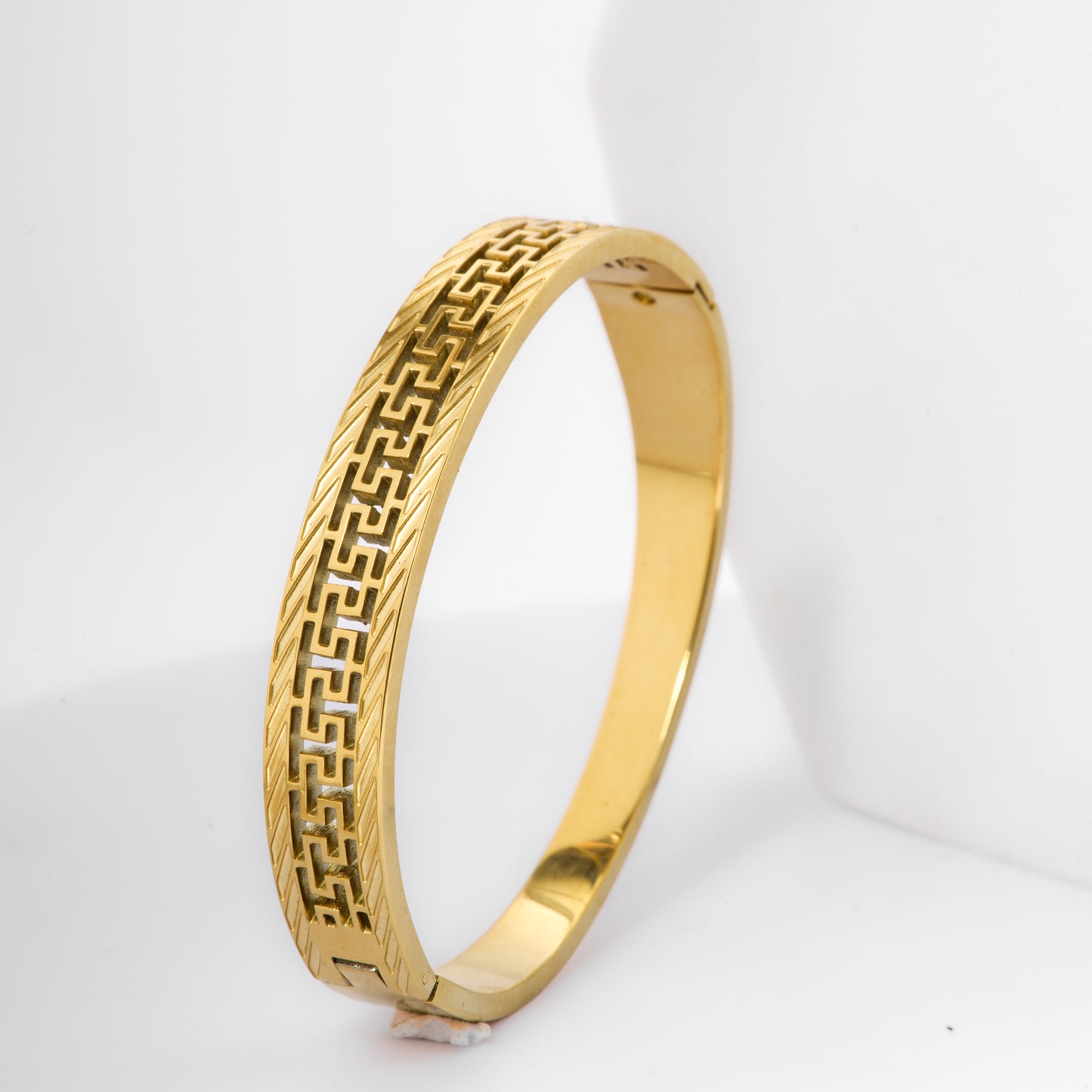 Mahttab Greek Key Bracelet | Gold Finished Steel Bangle with Intricate Greek Key Design | Classic Statement Bracelet for Daily and Festive Styling