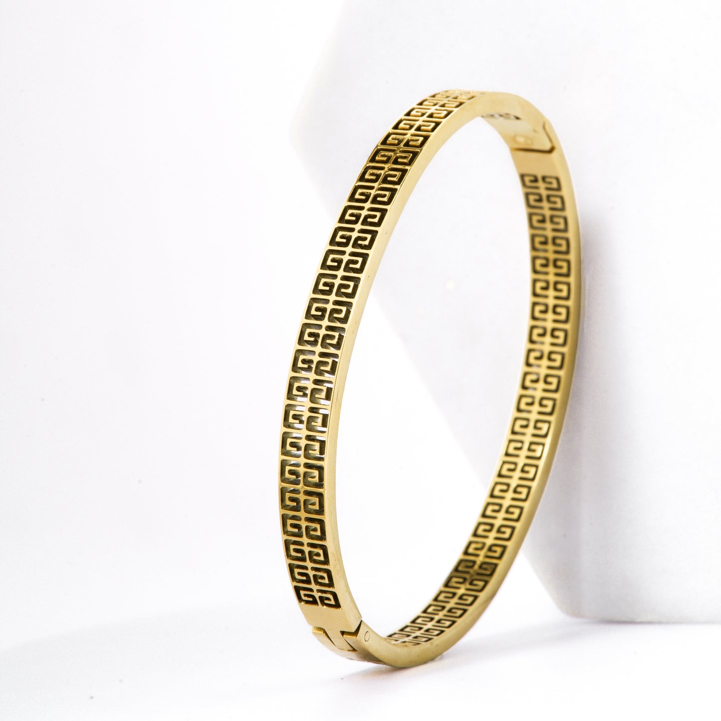 Mahttab Double Greek Key Bangle | Gold Finished Steel Bracelet with Dual Greek Key Cutout Pattern | Classic Elegant Bangle for Daily and Festive Styling