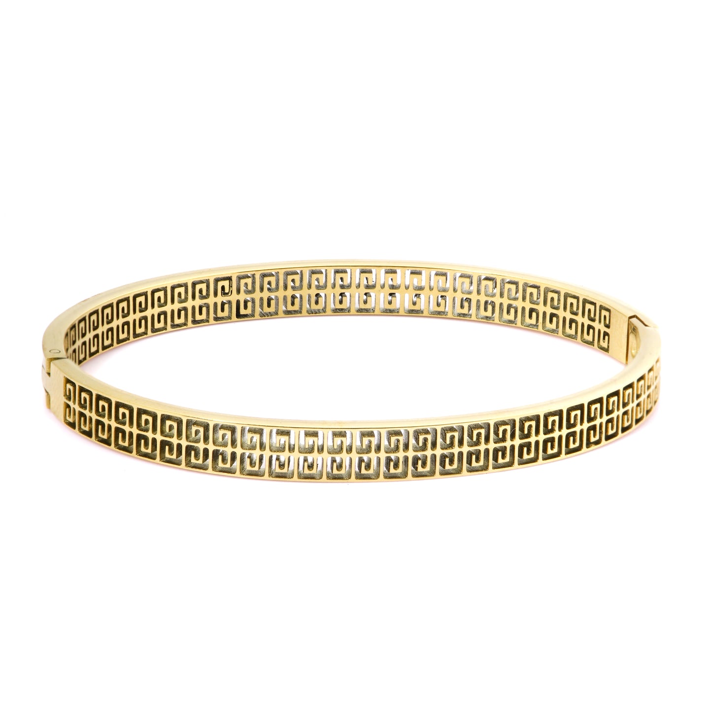 Mahttab Double Greek Key Bangle | Gold Finished Steel Bracelet with Dual Greek Key Cutout Pattern | Classic Elegant Bangle for Daily and Festive Styling