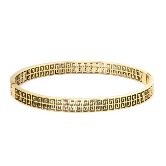 Mahttab Double Greek Key Bangle | Gold Finished Steel Bracelet with Dual Greek Key Cutout Pattern | Classic Elegant Bangle for Daily and Festive Styling