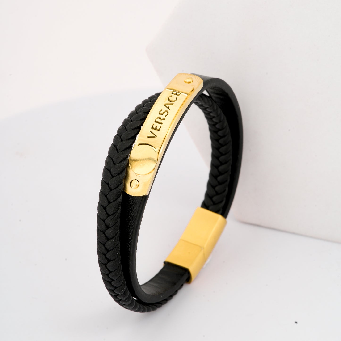 Signature Leather and Steel Bracelet | Black Braided Leather Band with Gold Finished Nameplate | Bold Designer Inspired Bracelet for Men and Women