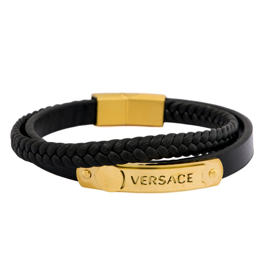 Signature Leather and Steel Bracelet | Black Braided Leather Band with Gold Finished Nameplate | Bold Designer Inspired Bracelet for Men and Women
