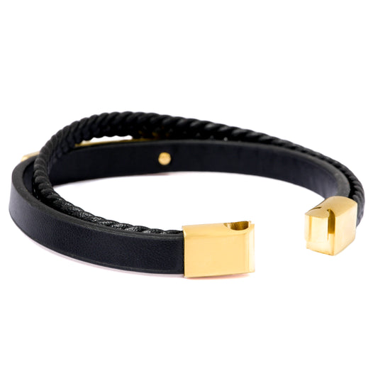 Signature Leather and Steel Bracelet | Black Braided Leather Band with Gold Finished Nameplate | Bold Designer Inspired Bracelet for Men and Women