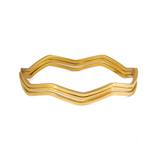 Mahttab Wave Stackable Bangles | Set of Three Gold Finished Steel Bangles with Fluid Wavy Design | Lightweight Modern Stacking Bangles for Daily and Festive Wear