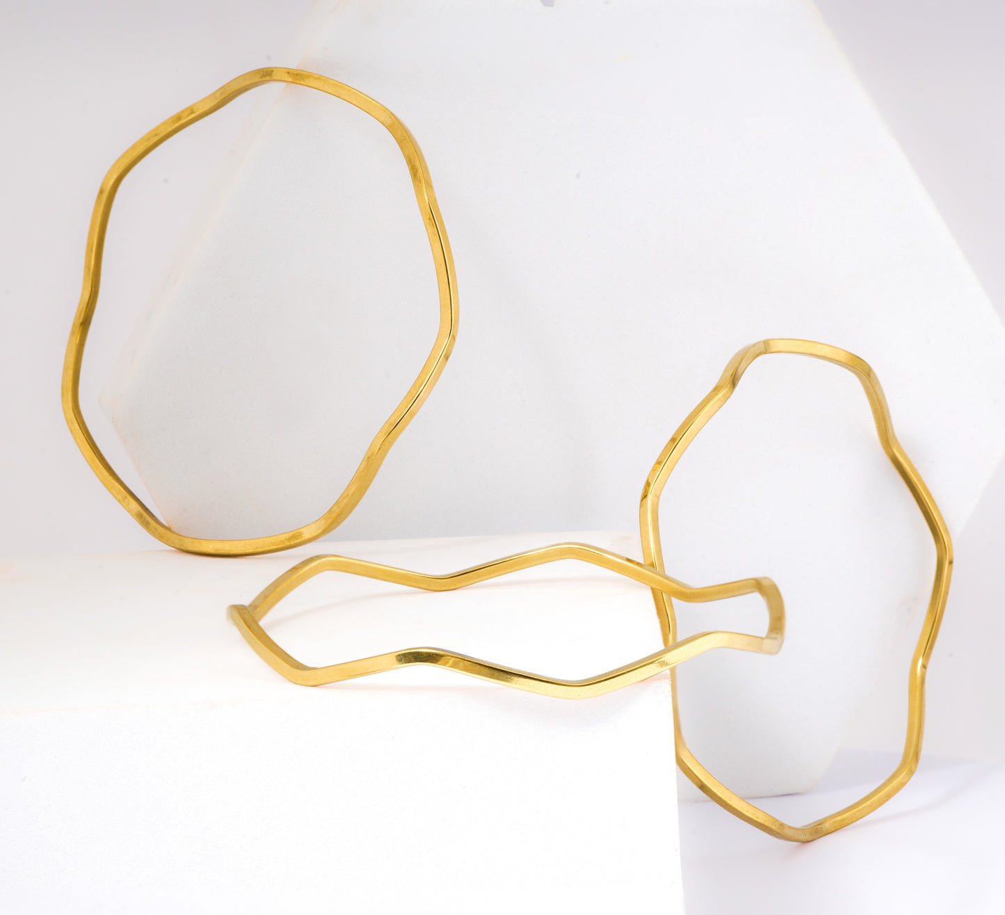 Mahttab Wave Stackable Bangles | Set of Three Gold Finished Steel Bangles with Fluid Wavy Design | Lightweight Modern Stacking Bangles for Daily and Festive Wear