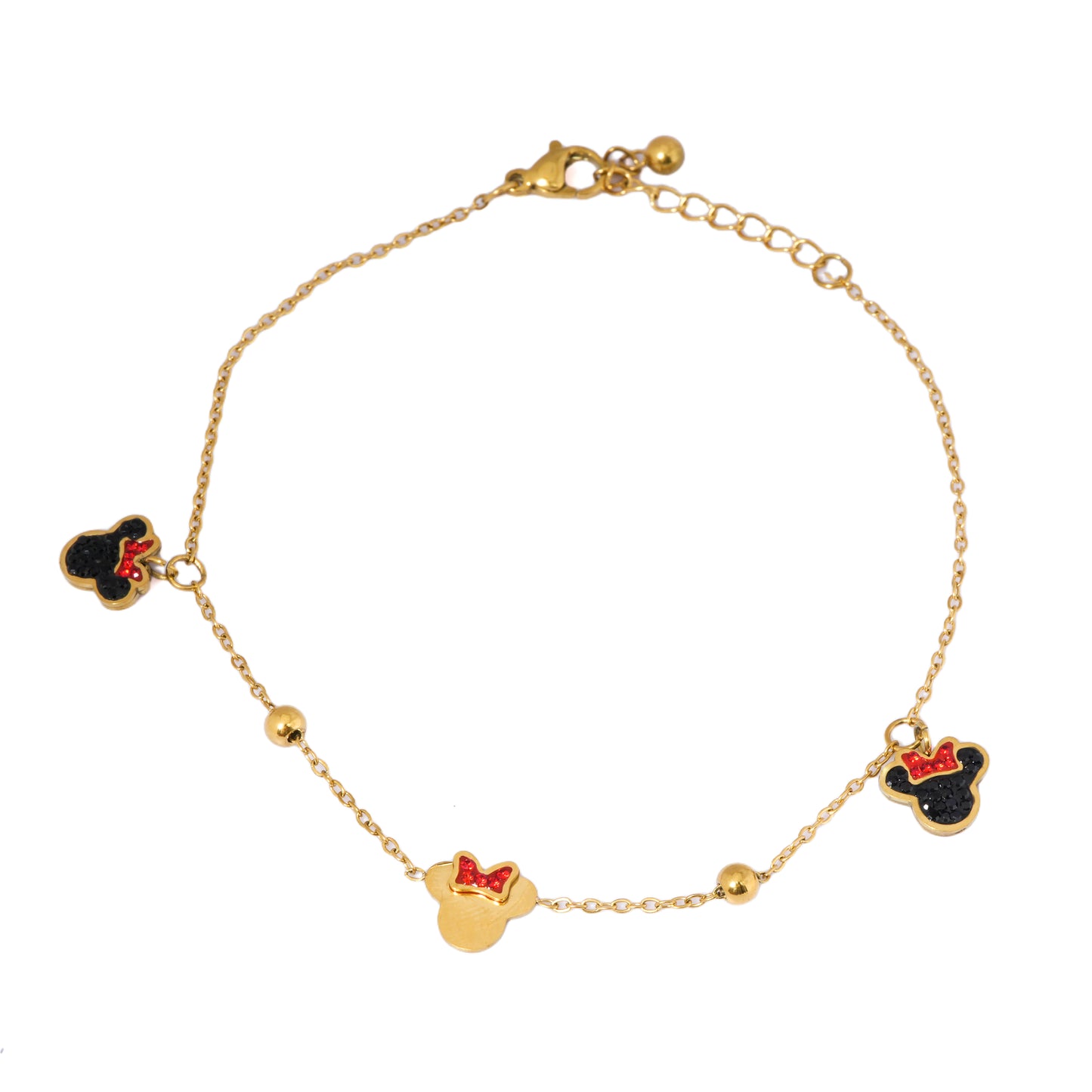 Minnie Mouse Gold-Tone Charm Anklet for Girls & Women – Cute Disney-Inspired Anklet with Glitter Bow Charms & Bead Detailing | Trendy Everyday Jewellery
