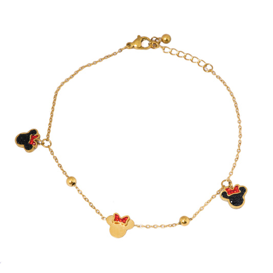 Minnie Mouse Gold-Tone Charm Anklet for Girls & Women – Cute Disney-Inspired Anklet with Glitter Bow Charms & Bead Detailing | Trendy Everyday Jewellery