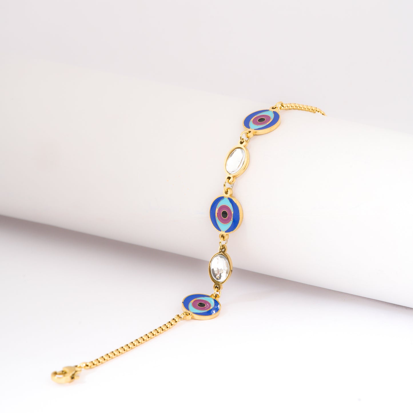 Mahttab Evil Eye and Crystal Protection Bracelet | Gold Tone Chain with Vibrant Evil Eye Motifs and Sparkling Crystal Accents | Stylish Protective Bracelet for Daily Wear