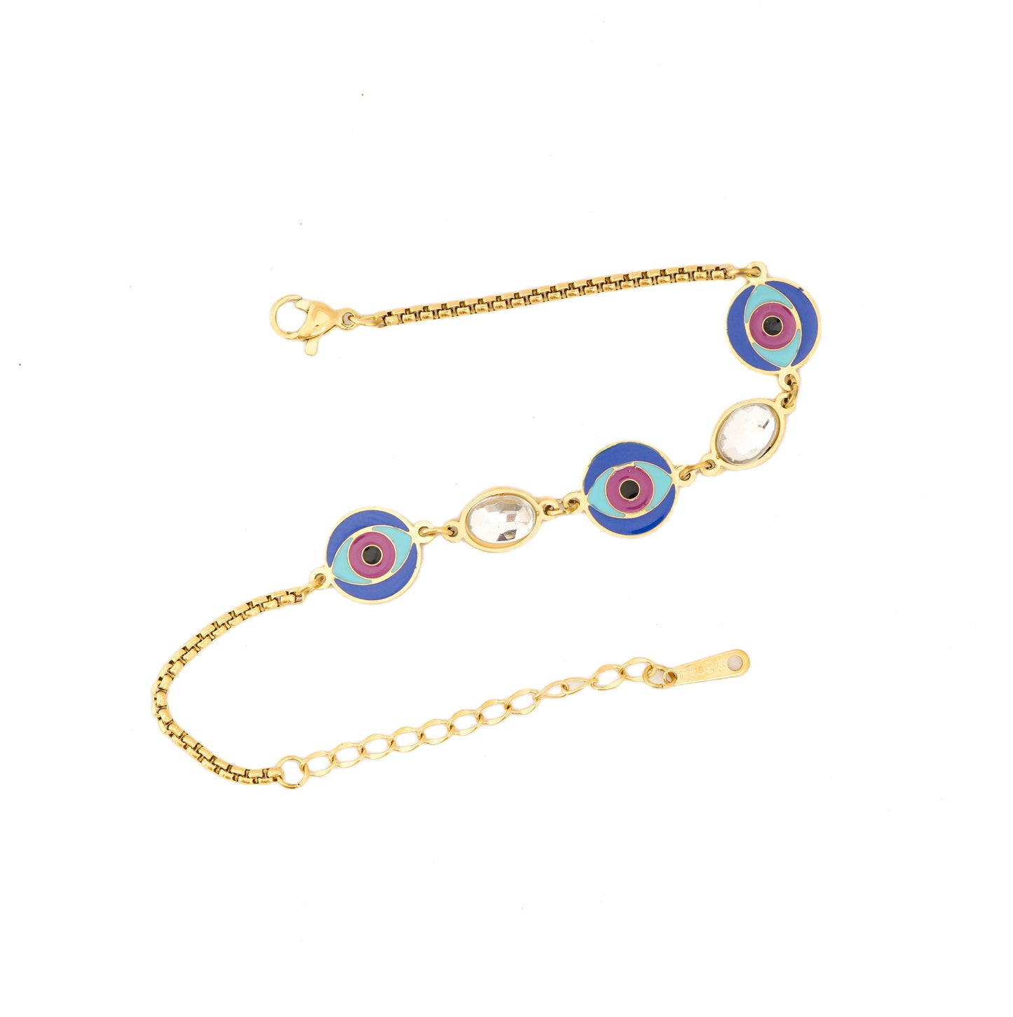 Mahttab Evil Eye and Crystal Protection Bracelet | Gold Tone Chain with Vibrant Evil Eye Motifs and Sparkling Crystal Accents | Stylish Protective Bracelet for Daily Wear