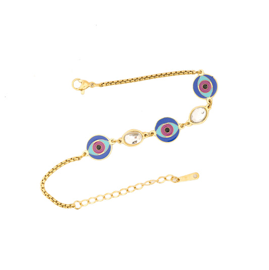 Mahttab Evil Eye and Crystal Protection Bracelet | Gold Tone Chain with Vibrant Evil Eye Motifs and Sparkling Crystal Accents | Stylish Protective Bracelet for Daily Wear