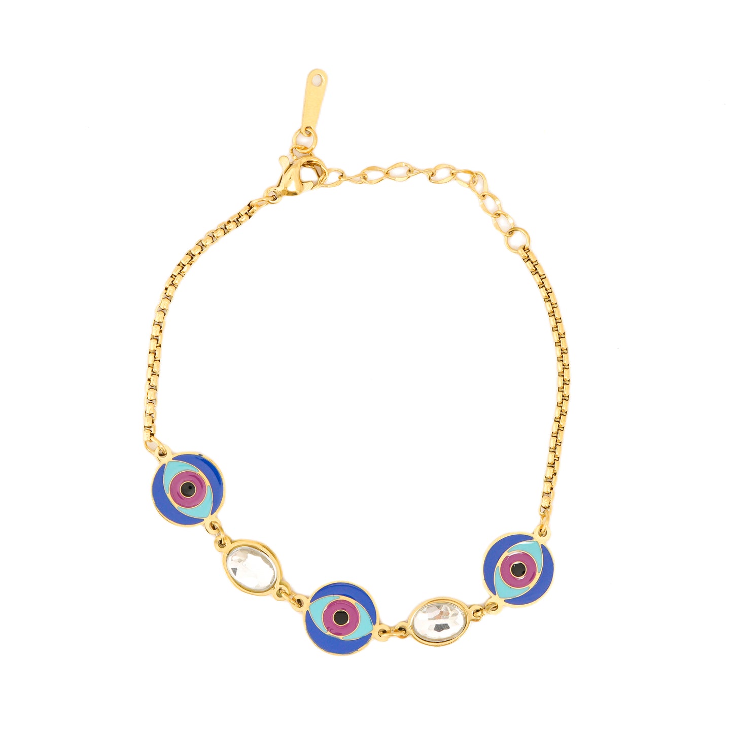 Mahttab Evil Eye and Crystal Protection Bracelet | Gold Tone Chain with Vibrant Evil Eye Motifs and Sparkling Crystal Accents | Stylish Protective Bracelet for Daily Wear