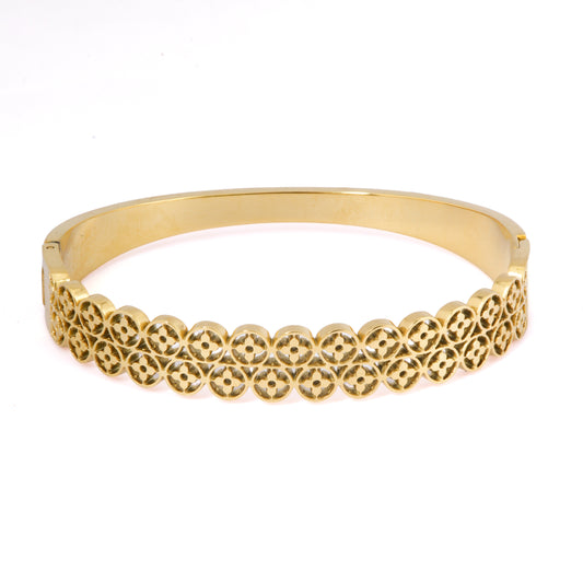 Mahttab Floral Lace Bracelet | Gold Finished Steel Bangle with Double Row Cutout Floral Motifs | Lightweight Romantic Bracelet for Daily and Festive Wear