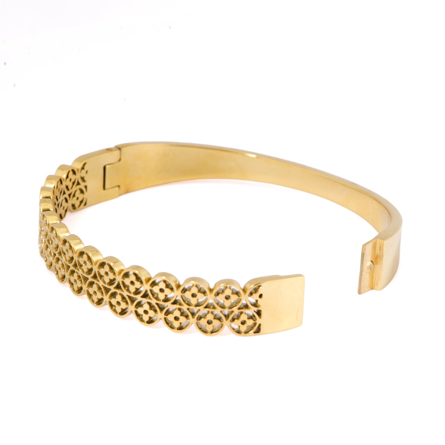 Mahttab Floral Lace Bracelet | Gold Finished Steel Bangle with Double Row Cutout Floral Motifs | Lightweight Romantic Bracelet for Daily and Festive Wear