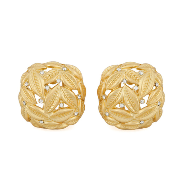 Artisan-Inspired Gold-Plated Woven Leaf Motif Earrings with Diamond Accents for Contemporary Heritage Glamour