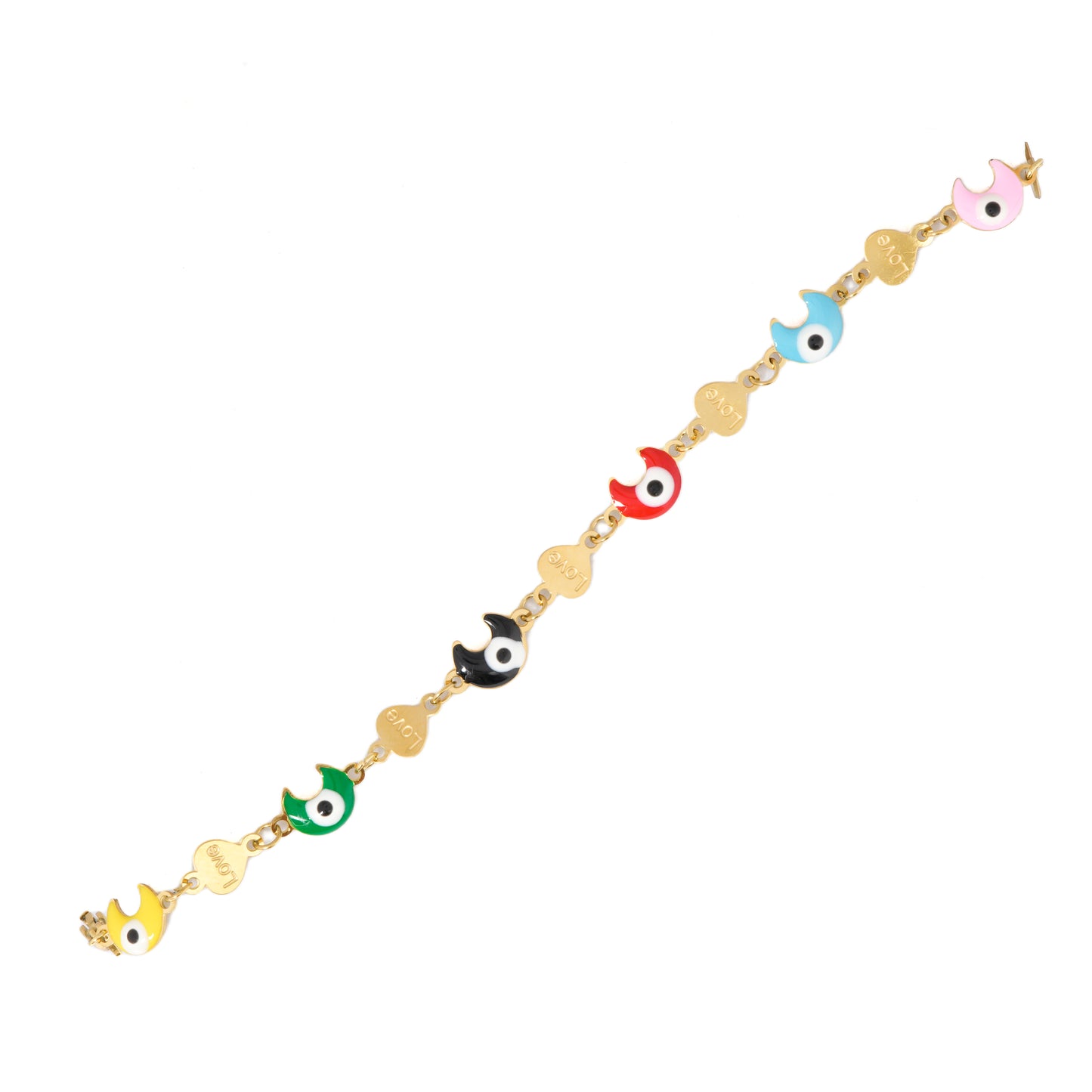 Mahttab Rainbow Love Bracelet | Colorful Evil Eye and Crescent Motifs with Gold Tone Love Hearts | Playful Everyday and Festive Chain Bracelet for Women