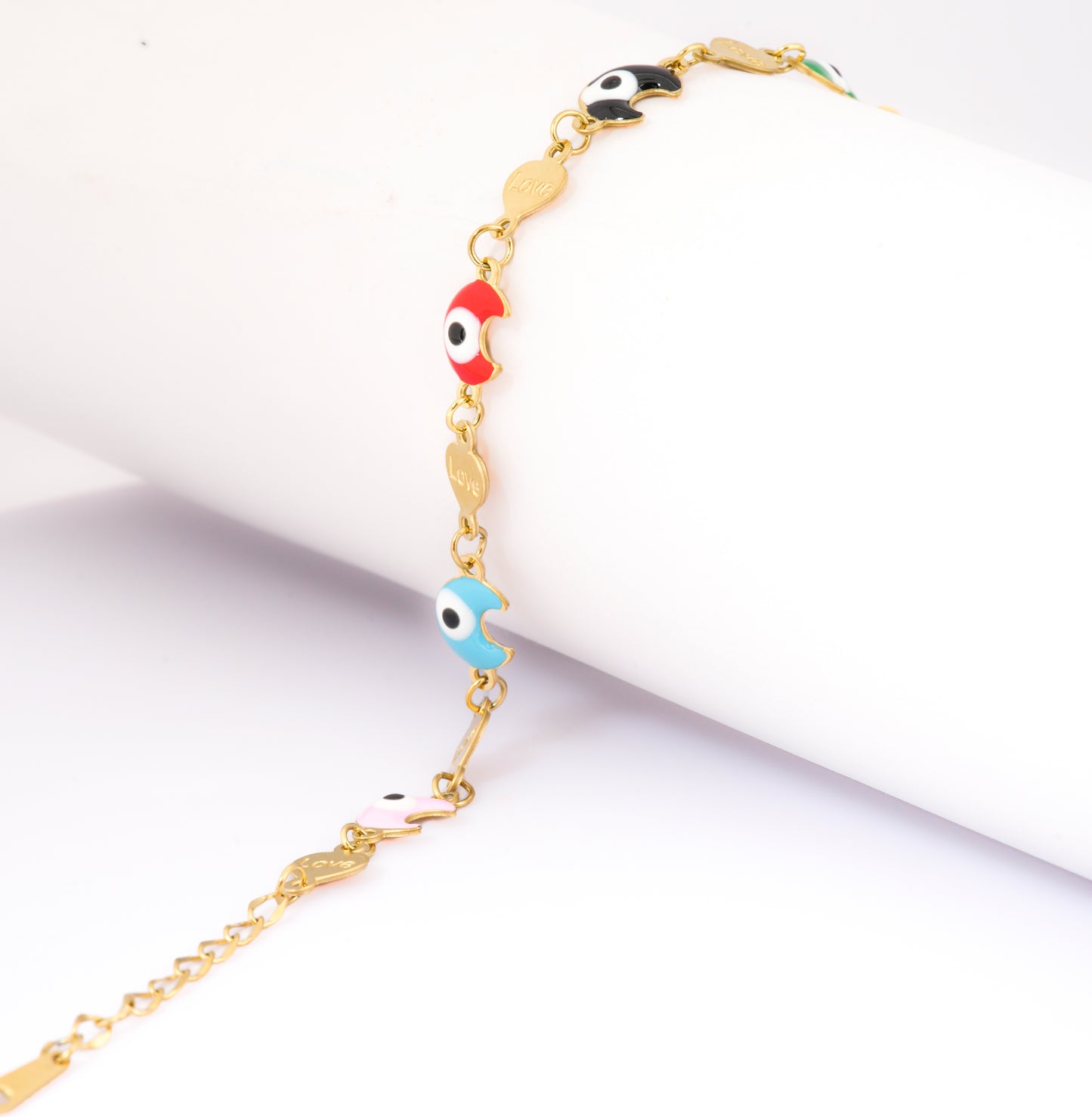 Mahttab Rainbow Love Bracelet | Colorful Evil Eye and Crescent Motifs with Gold Tone Love Hearts | Playful Everyday and Festive Chain Bracelet for Women