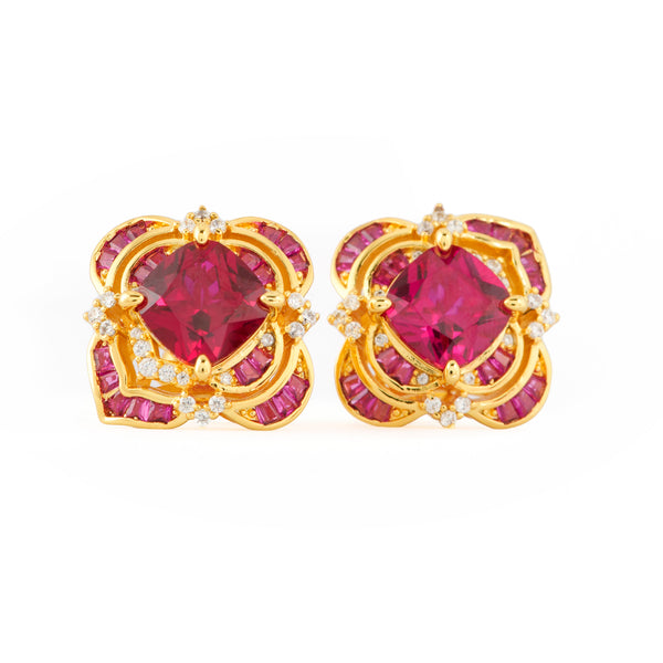 Radiant Ruby Red Stud Earrings with Diamond Accents in a Gold Floral Frame – Luxury Jewelry for Weddings, Festive Celebrations, and Elegant Evenings