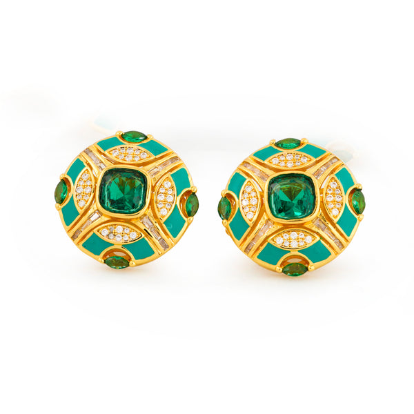 Luxurious Gold-Plated Round Stud Earrings with Emerald-Green Gemstones and Diamond Detailing | Statement Jewelry for Weddings, Parties, and Everyday Glamour
