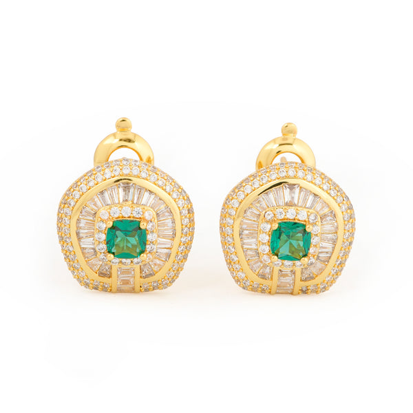 Exquisite Gold-Plated Emerald Green Stone Earrings with Baguette and Round Diamond Accents | Luxury Statement Studs for Weddings, Parties, and Special Occasions