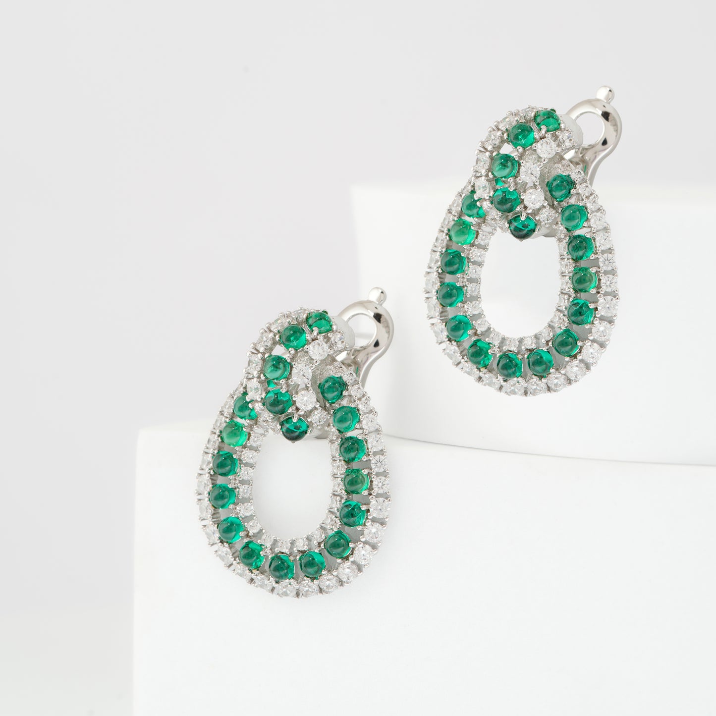 Emerald and Diamond Silver Teardrop Earrings