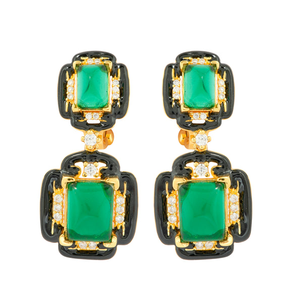 Emerald Green Drop Earrings with Black Enamel Accents and Diamond Highlights in Gold Finish | Vintage Art Deco Inspired Luxury