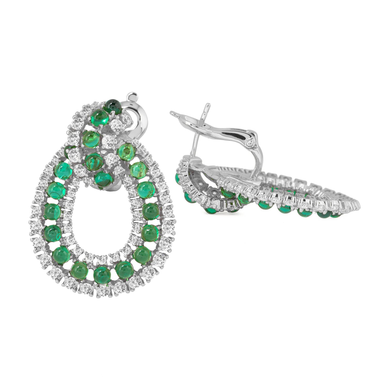 Emerald and Diamond Silver Teardrop Earrings